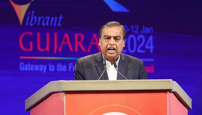 Chairman and managing director of Reliance Industries Mukesh Ambani speaks during the Vibrant Gujarat Global Summit, at the Mahatma Mandir in Gandhinagar, Gujarat, India on January 10, 2024. — Reuters