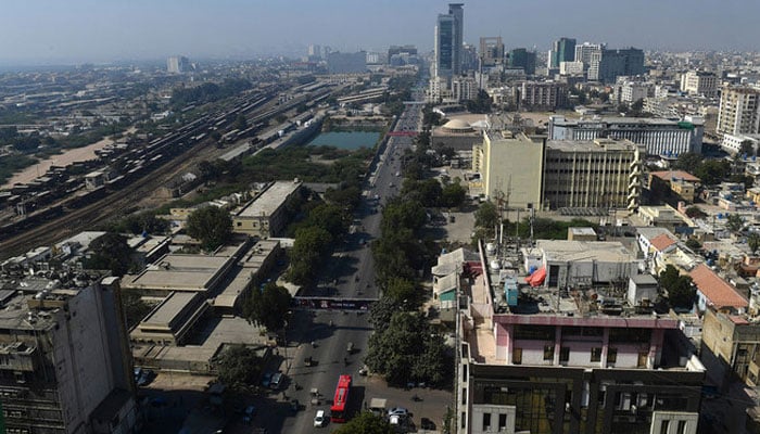 This image shows an aerial view of Karachis financial hub I. I Chundrigar Road in the port city of Karachi on February 3, 2023. — AFP