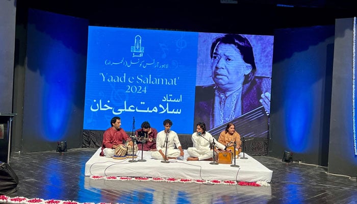 Classical musicians perform on stage during a two-day event titled “Yaad-e-Salamat” to honour the legendary Ustad Salamat Ali Khan on September 11, 2024. — Facebook/Alhamra Lahore Arts Council