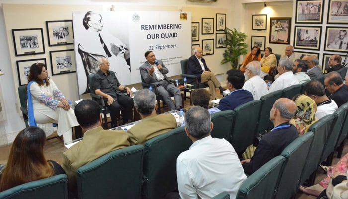 Lieutenant General (retd) Moinuddin Haider speaks about Quaid-e-Azam Muhammad Ali Jinnah (2nd from right),  Ikram Sehgal and other seen in this image on September 11, 2024. — Reporter