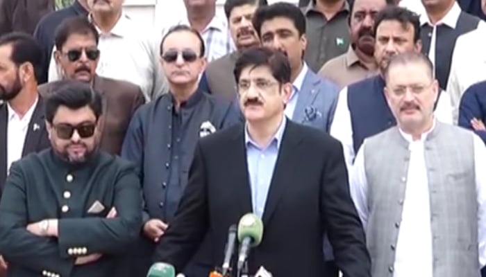 CM Sindh Syed Murad Ali shah Speaks about Quaid-e-Azam Muhammad Ali Jinnah day (centre), Governor Sindh Kamran Tessori, Information Minister Sindh Sharjeel Inam Memon and others seen in this image on September 11, 2024. — Screengrab/Facebook/@SindhCMHouse