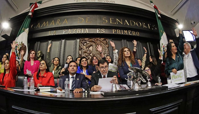 Ruling Morena Party senator Gerardo Fernandez Norona (C) and members of Mexicos Senate celebrate after they passed the controversial judicial reform at the Senates chamber in Mexico City on September 11, 2024. — AFP