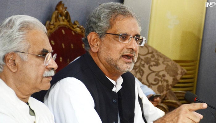 Former PM and Awam Pakistan Party (AAP) convener Shahid Khaqan Abbasi addresses a press conference on September 11, 2024. — INP