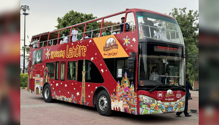 This image shows a double-decker bus on the road of Lahore on September 11, 2024. — Facebook/TDCP Sightseeing Lahore