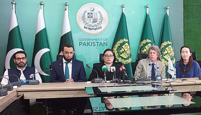 Coordinator to the Prime Minister on Climate Change and Environmental Coordination, Romina Khurshid Alam addresses a press conference on the Recharge Pakistan Project at PTV Headquarters in Islamabad on September 12, 2024. — PPI