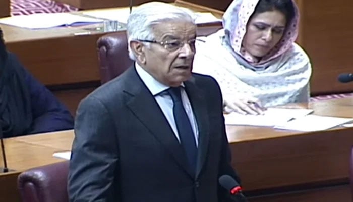 Defence Minister Khawaja Asif addresses the National Assembly session on September 12, 2024. — Screengrab via Geo News