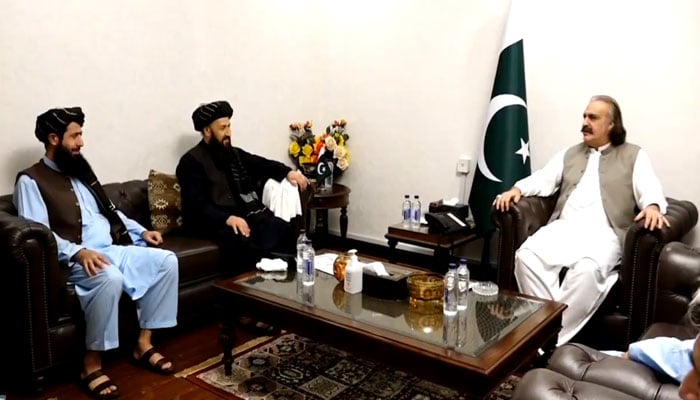 Khyber Pakhtunkhwa Chief Minister Ali Amin Gandapur in a meeting with Afghan diplomats in Peshawar on September 12, 2024. — Screengrab via video on X/@GovernmentKP