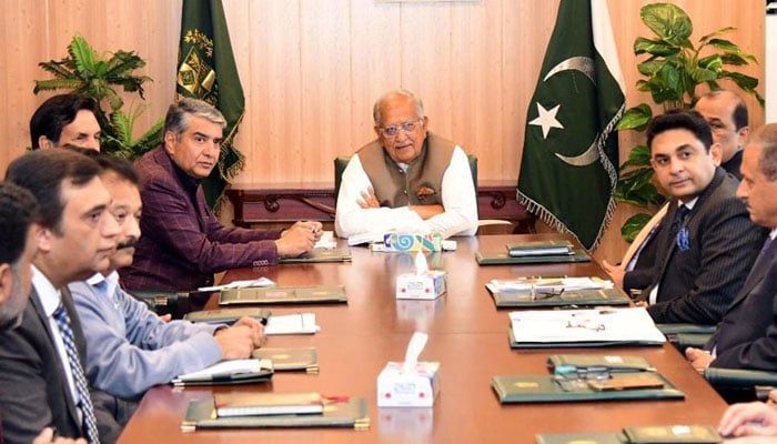 Minister for Housing and Works Mian Riaz Hussain Pirzada chairs a meeting at the FGEHA office on March 19, 2024. — Facebook/FGE Housing Authority