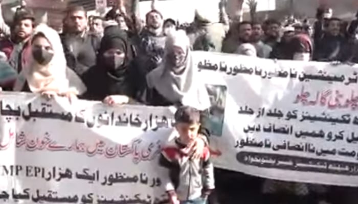 Members of Paramedics across Khyber Pakhtunkhwa are protesting with banners in Peshawar seen in this image. — Screengrab/Facebook/@Young Paramedical association Khyber Pakhtunkhwa/File