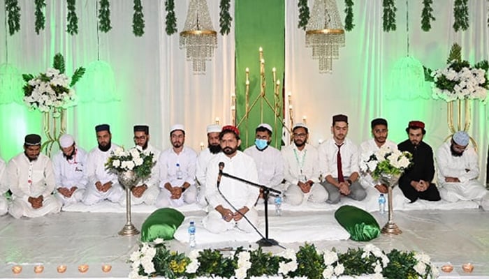 Young student is reciting naat in grand Seerat conference in connection with Eid Miladun Nabi (PBUH) organized by Khyber Medical University KMU seen in this image released on September 13, 2024. — Facebook/@kmupeshawarofficial