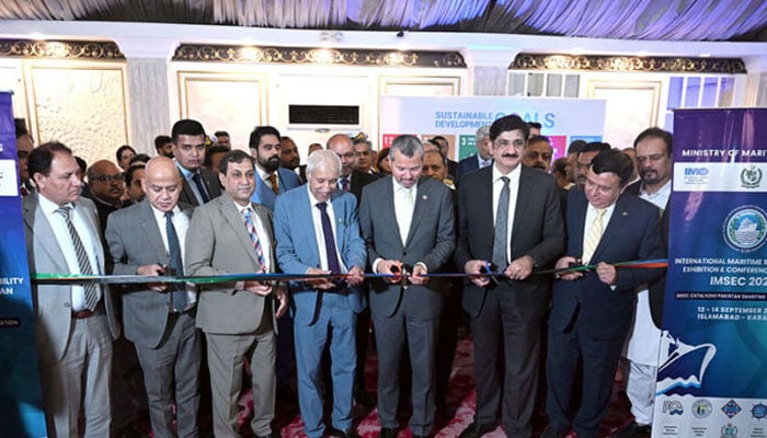 Sindh Chief Minister Syed Murad Ali Shah, Federal Minister for Maritime Affairs Qaiser Ahmed Sheikh, Secretary General International Maritime Organization Arsenio Antonio and other officials inaugurate the International Maritime Sustainability Exhibition & Conference Pakistan-IMSEC 2024 with a ribbon-cutting ceremony at a local hotel on September 13, 2024. — APP