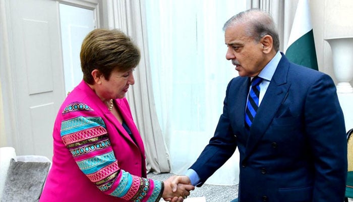 Prime Minister Shehbaz Sharif (right) meets IMF MD Kristalina Georgieva in this undated image. — PMs Office