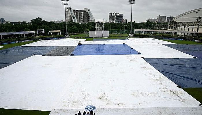 Greater Noida cricket ground covered in rain.— AFP/file