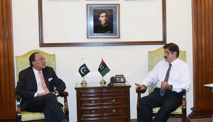 Federal Minister of Finance Muhammad Aurangzeb talks with Sindh Chief Minister Syed Murad Ali Shah on funded projects of Sindh seen in this image released on September 13, 2024. — Facebook/@SindhCMHouse