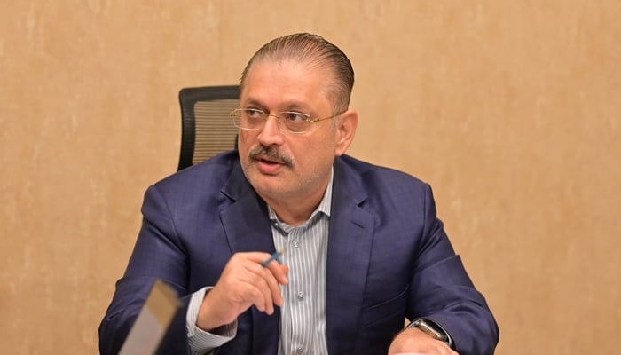 Minister of Sindh Information and Transport Sharjeel Inam Memon seen in this image released on April 28, 2024. — Facebook/@SharjeelInamMemon63