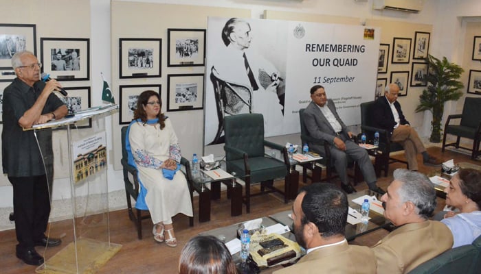 Senior Vice Chairman of the Board of Management of the Quaid-e-Azam House Museum Liaquat H Merchant speaks about Quaid-e-Azam Muhammad Ali Jinnah  (1st from left), Lieutenant General (retd) Moinuddin Haider (2nd from right) and other seen in this image on September 11, 2024. — Reporter