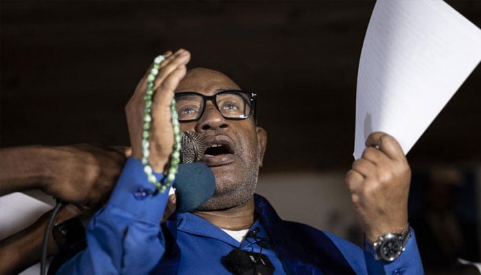 Comoros President Azali Assoumani celebrates his re-election at his party headquarters in the capital Moroni on January 16, 2024.— AFP