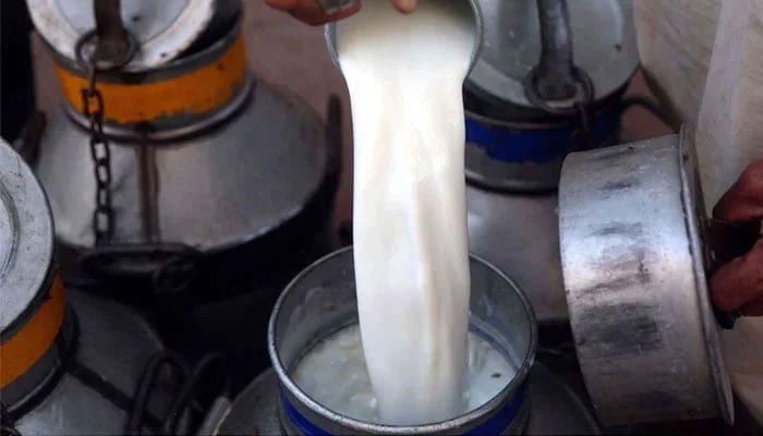 Workers transfer milk from one container to another in this undated image. — APP/File