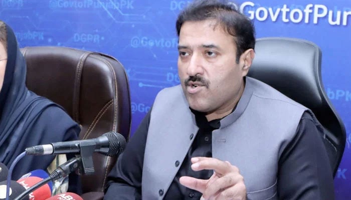 Punjab Minister for Local Government and Community Development (LG&CD) Zeeshan Rafique gestures while speaking at a press conference. — Facebook/Mian Zeeshan Rafique PMLN/File