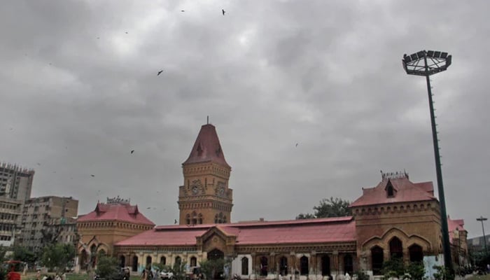 A view of dark clouds in the sky above the Empress Market during rainy weather in Karachi on August 10, 2023. — Online