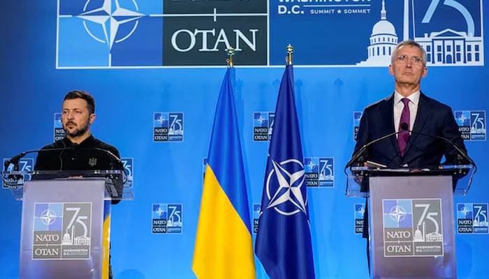 Ukraines President Volodymyr Zelenskiy (left) and NATO Secretary General Jens Stoltenberg (right) attend a press conference, during NATOs 75th anniversary summit, in Washington, U.S., July 11, 2024. — Reuters