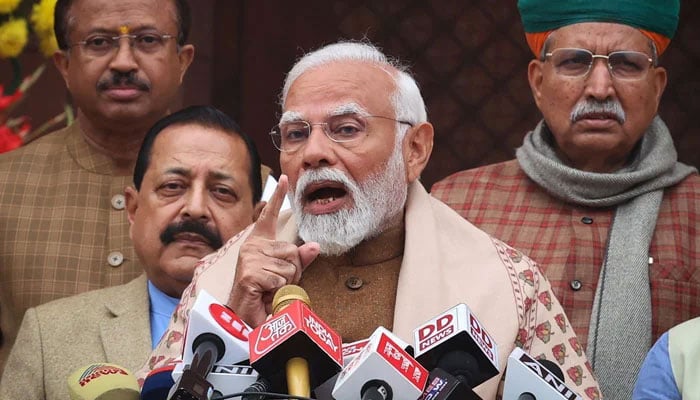 Indias Prime Minister Narendra Modi speaks with the media inside the parliament premises upon his arrival on the first day of the budget session in New Delhi, India, January 31, 2024. — Reuters