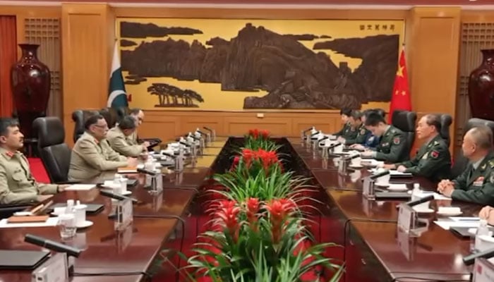 Chairman Joint Chiefs of Staff Committee General Sahir Shamshad Mirza (2nd from left) meets with Chinese military officials on September 14, 2024. — Screengrab via Facebook/ISPR