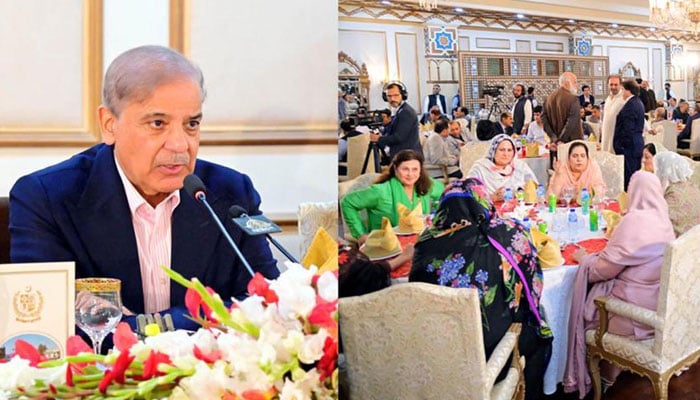 In this collage of images, Prime Minister Shehbaz Sharif (left) addresses participants attending a dinner hosted by him in honour of parliamentarians in Islamabad on September 14, 2024. — PID