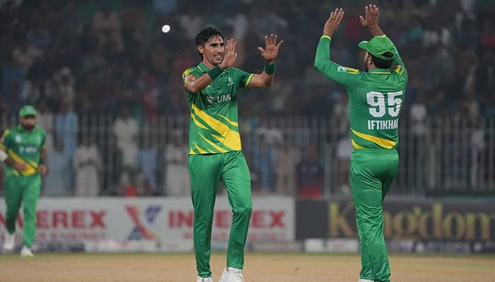 Markhors pacer Akif Javed celebrates a wicket with teammate during Markhors vs Panthers match of the Champions One-Day Cup at Iqbal Stadium in Faisalabad on September 12, 2024. – PCB