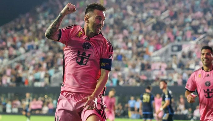 Inter Miamis Lionel Messi celebrates his first goal against Philadelphia Union at Chase Stadium in Fort Lauderdale, Florida. - AFP/file