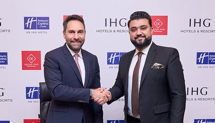 Haitham Mattar, Managing Director, India, Middle East & Africa, IHG meets with Ch. Nouman Iftikhar, Founder & CEO of MGC Developments seen in this image. — ihgplc Website/File