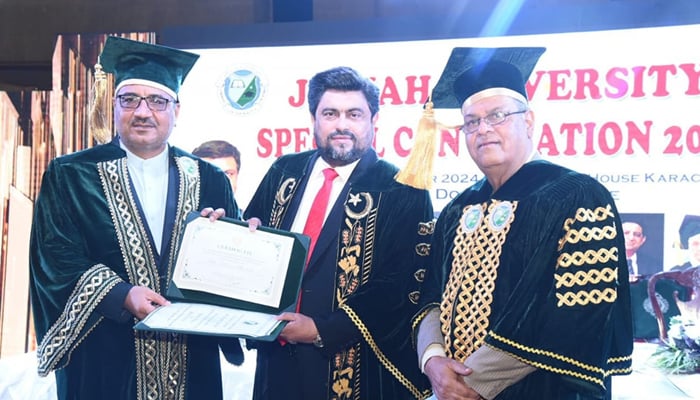 Sindh Governor Kamran Khan Tessori conferring honorary doctorate degree on Iranian Consul General Hassan Nourian seen in this image released on September 15, 2024. — Facebook/@TeamKTessori