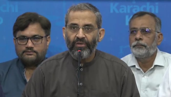 Karachi Jamaat-e-Islami (JI) Emir Monem Zafar addressing the media in a press conference at Idara Noor-e-Haq Karachi on September 15, 2024. — Screengrab/Facebook/@jikmedia