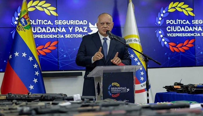 This handout picture released by Venezuelas Interior and Justice Ministry shows Venezuelas Interior Minister Diosdado Cabello giving a press conference on September 14, 2024 in Caracas. — AFP