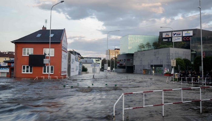 A flooded street is pictured in Opava, Czech Republic on September 15, 2024. — AFP