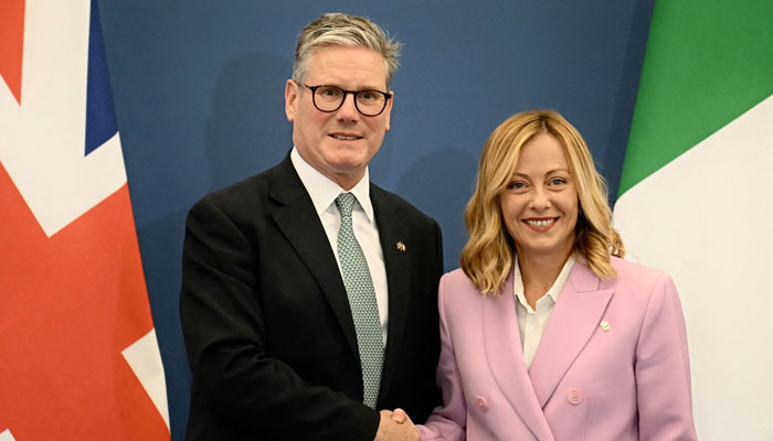 British Prime Minister Keir Starmer and Italian Prime Minister Giorgia Meloni shake hands at the end of a press conference at Villa Doria Pamphilj after their meeting on September 16, 2024, in Rome. — AFP