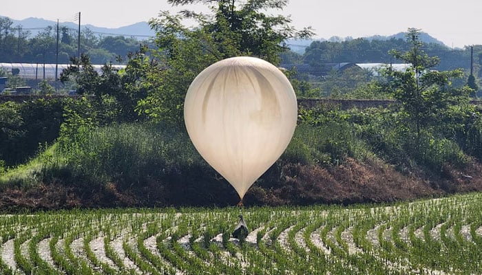 A balloon believed to have been sent by North Korea, carrying various objects including what appeared to be trash and excrement, is seen over a rice field at Cheorwon, South Korea, May 29, 2024. — Reuters