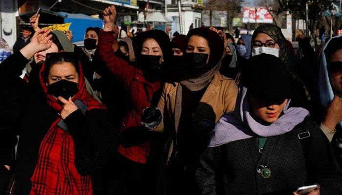 Representational image shows Afghan women chanting slogans in protest against the closure of universities to women by the Taliban in Kabul, Afghanistan, December 22, 2022. — Reuters