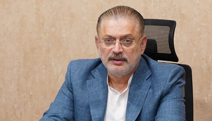 Minister of Sindh Information and Transport Sharjeel Inam Memon speaks during a meeting on April 28, 2024. — Facebook/Sharjeel Inam Memon