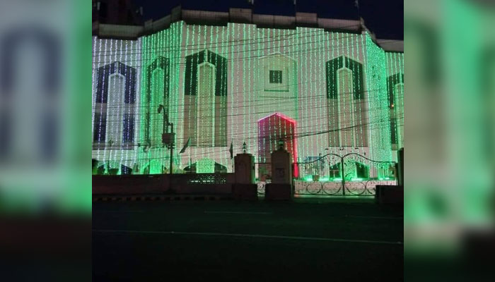 An illuminated view of Aiwan-i-Iqbal decorated with colourful lights. — Facebook/Aiwan-e-Iqbal Complex Lahore/File