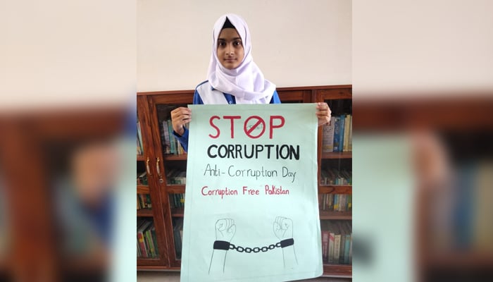 IMCG I-10/4 School organized a painting competition as part of its anti-corruption awareness activities, in which students of the school were encouraged to envision a corruption-free Pakistan with a poster displayed by the students can be seen in this image released on September 13, 2024. — Facebook/@IMCGIX4