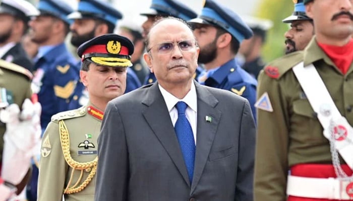 President Asif Ali Zardari inspecting the guard of honour, at the Aiwan-e-Sadr in Islamabad on March 11, 2024. — X/@PresOfPakistan