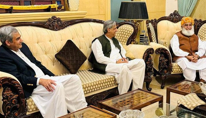 Interior Minister Mohsin Naqvi (left), Federal Minister for Law and Justice Azam Nazeer Tarar (centre) meet Jamiat Ulema-e-Islam-Fazl (JUI-F) chief Maulana Fazlur Rehman in this image. — State Media/File