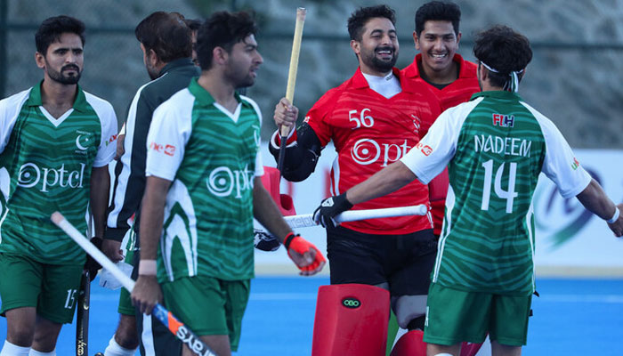 Pakistani hockey players celebrate after defeating Korea in the Hero Asian Champions Trophy in Moqi, China, on September 17, 2024. — X@asia_hockey