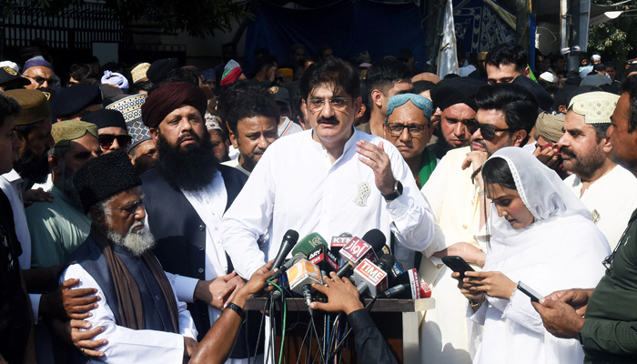 Sindh Chief Minister Syed Murad Ali Shah talks to the media after leading the Eid Milad-un-Nabi  procession at New Memon Masjid on September 17, 2024. — Facebook/@SindhCMHouse