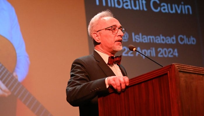 Alliance Française Islamabad (AFI) director Ali Bhatti speaks at an event on April 25, 2024. — Faceboook/Alliance française dIslamabad