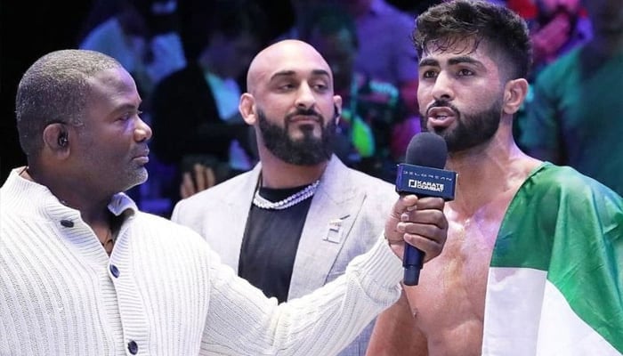 Shahzaib Rind, new World Karate Combat Heavyweight Champion, speaking after winning the event. — Instagram/@shahzaibrindofficial