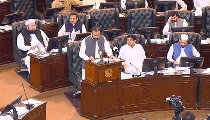 Khyber Pakhtunkhwa Minister for Law Aftab Alam Khan speaks on the KP Assembly floor on May 24, 2024. — APP