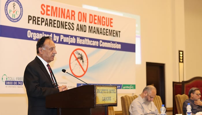 Chief Executive Officer Dr M Saqib Aziz (left) is expressing his views in the seminar regarding dengue organized by Punjab Healthcare Commission (PHC) seen in this image released on September 20, 2024. — Facebook/@PunjabHealthcareCommission