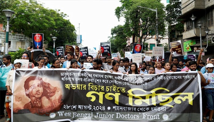 Members of the West Bengal Junior Doctors’ Front march along a street during a protest condemning the rape and murder of a trainee medic at a government-run hospital, in Kolkata, India, on Aug 28, 2024. — AFP/File